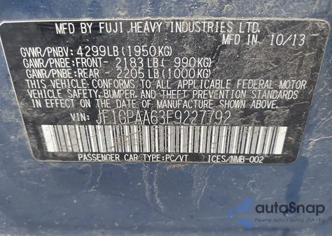 2014 Subaru Impreza 2.0I from USA, damaged, VIN JF1GPAA63E9227792